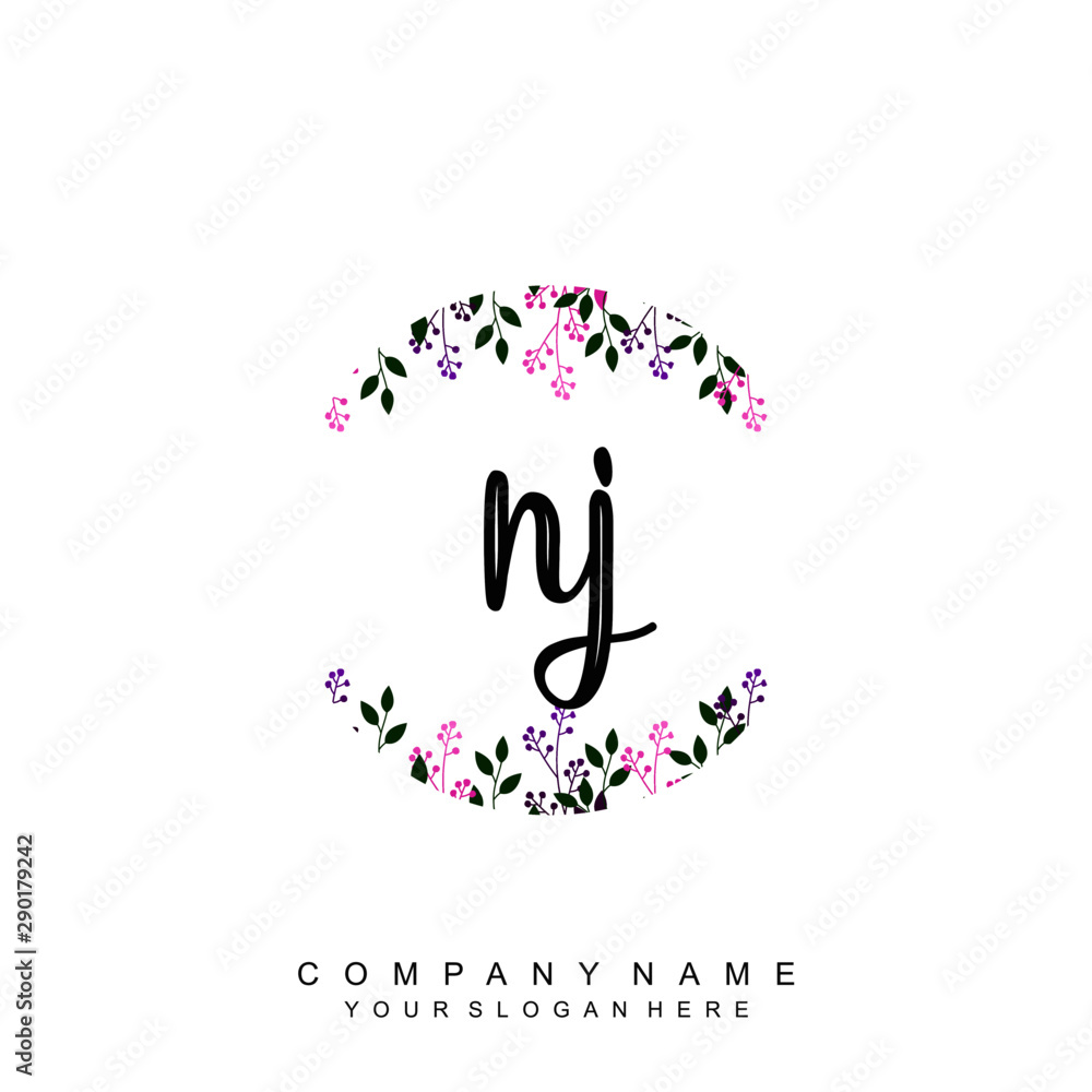 letter NJ surrounded by beautiful and elegant flowers and leaves. Wedding monogram logo template. Fashion Logo template Vectors, letter NJ surrounded by beautiful and elegant flowers and leaves. Wedding monogram logo template. Fashion Logo template Vectors,