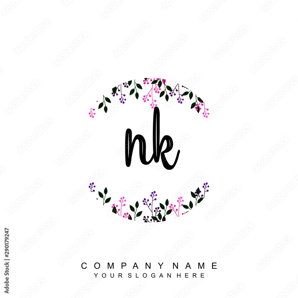 letter NK surrounded by beautiful and elegant flowers and leaves. Wedding monogram logo template. Fashion Logo template Vectors,
