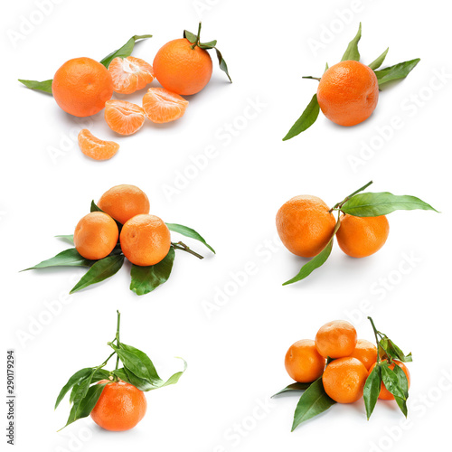 Set of tasty juicy tangerines on white background