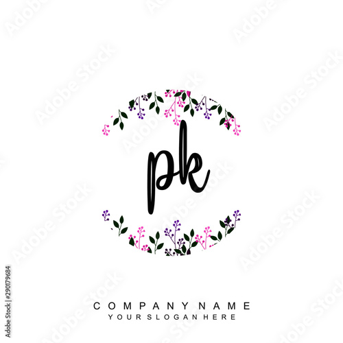 letter PK surrounded by beautiful and elegant flowers and leaves. Wedding monogram logo template. Fashion Logo template Vectors,