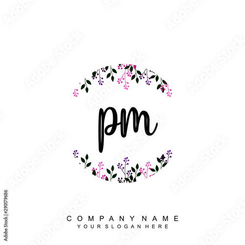 letter PM surrounded by beautiful and elegant flowers and leaves. Wedding monogram logo template. Fashion Logo template Vectors,