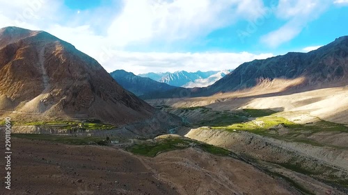 Aerial View of a valley in between Northpullu and khalsi in Ladakh. //Drone shot photo