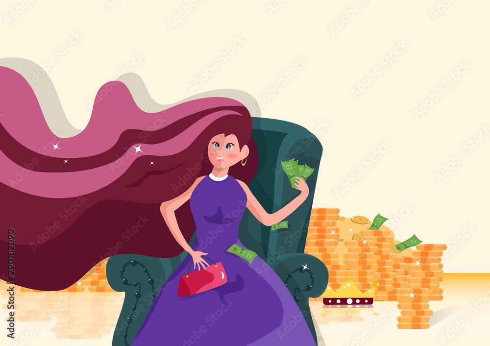 Girl with big pile of money, people cartoon character business concept, young woman beautiful and successful, flat design style vector