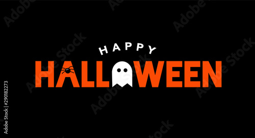 Happy Halloween Holiday Vector Text with Spider and Ghost Icons Illustration Over Black Background