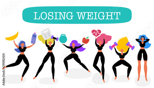 Loosing weight  banner, girls in sport costumes with scales, fruit and vegetables. Concept of healthy eating, loosing weight and keep fit,  sport motivation.