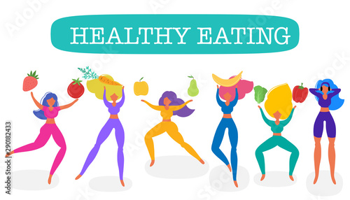 Healthy eating banner, girls in sport costumes with scales, fruit and vegetables. Concept of healthy eating, loosing weight and keep fit,  sport motivation.