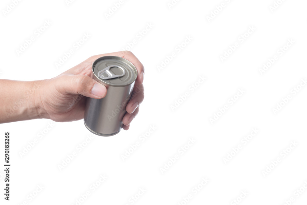 Hand holding tin or steel can made of aluminium for food Hand holding tin or steel can made of aluminium for food