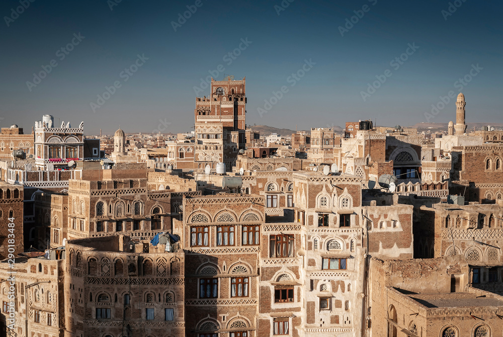 view of sanaa city old town architecture skyline in yemen