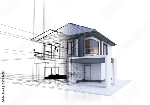 Drawing lines of a 3D render house on a white background for building a house