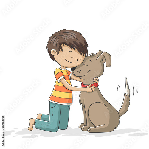 Boy and dog hug each other. Hand drawn vector illustration.