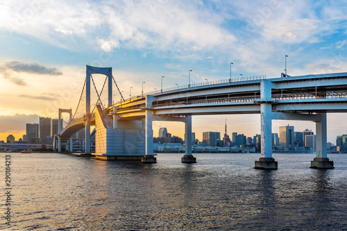 Panorama view of Tokyo skyline at tokyo bay when sunset. Tokyo city, Japan.