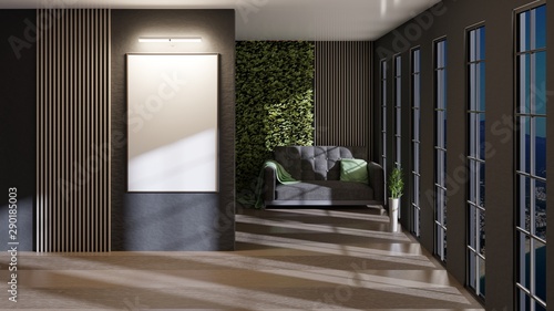 White empty frame with light hanging on the wall. Sofa with pillow and plaid on the background. The night room is filled with moonlight. 3D rendering. 3D illustration.