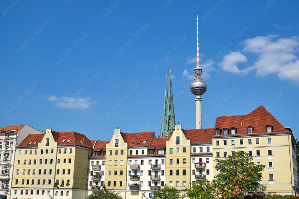 The famous Nikolaiviertel in Berlin with the Television Tower in the back
