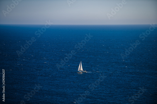 Lonely yacht in the Atlantic Ocean off the coast of Brittany. Finister. Brittany. France
