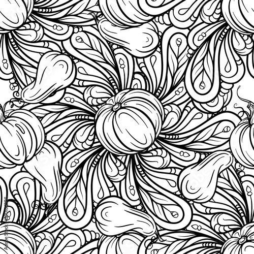 Black and white autumn vector seamless pattern. Pumpkins and autumn floral doodles background.