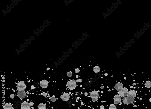 Abstract watercolor texture with splashes and spatters. White paint drop stain isolated on black background. Grunge design element for poster, flyer, name card. Clipping path.
