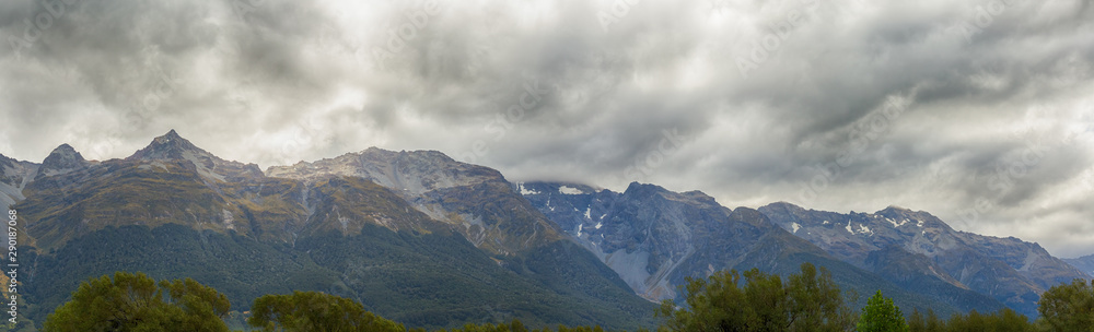 Panoramic at Mount Larkins mountain peaks in Lord of the Rings film location, Glenorchy, New Zealand