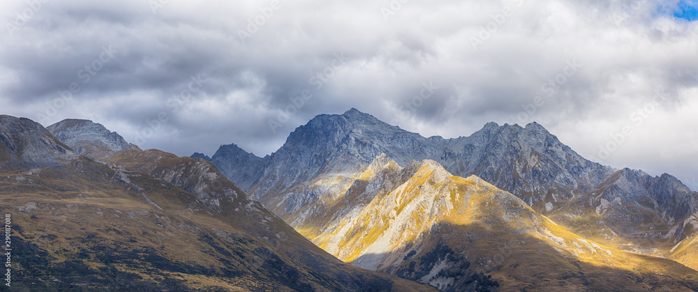 Panoramic at Mount Larkins mountain peaks in Lord of the Rings film  location, Glenorchy, New Zealand Stock Photo | Adobe Stock