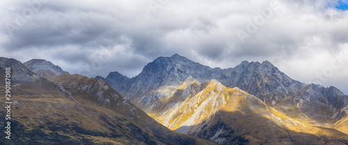 Panoramic at Mount Larkins mountain peaks in Lord of the Rings film location, Glenorchy, New Zealand photo