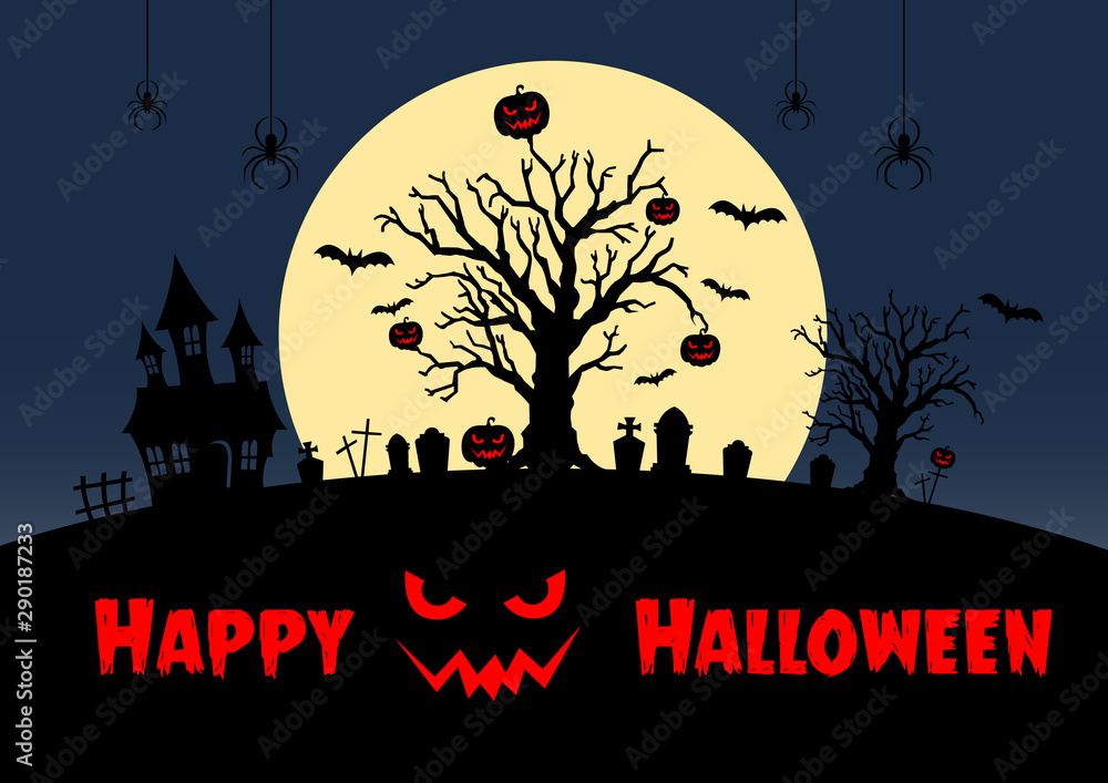 Silhouette halloween pumpkins and cemetery, tree, castle, bat, spider on yellow moon and dark blue the sky in background with place for text, flat line vector and illustration.