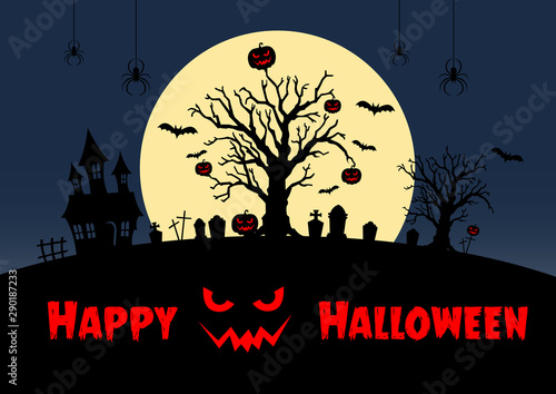 Silhouette halloween pumpkins and cemetery, tree, castle, bat, spider on yellow moon and dark blue the sky in background with place for text, flat line vector and illustration.