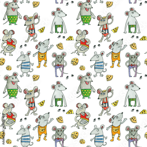 Fototapeta Naklejka Na Ścianę i Meble -  watercolor pattern with a mouse, a lot of mice in clothes
