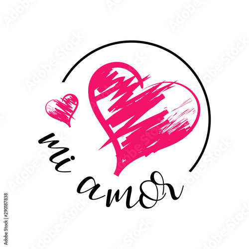 Mi Amor vector hand lettering My love in Spanish vector digital calligraphy romantic inscription on heart shape background