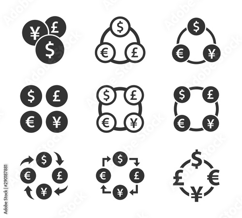 currency exchange icon set. dollar, euro, yen and pound cash transfer signs