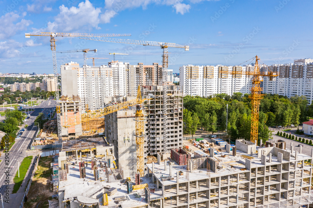 development of new city residential area. panoramic image of construction site. drone photography