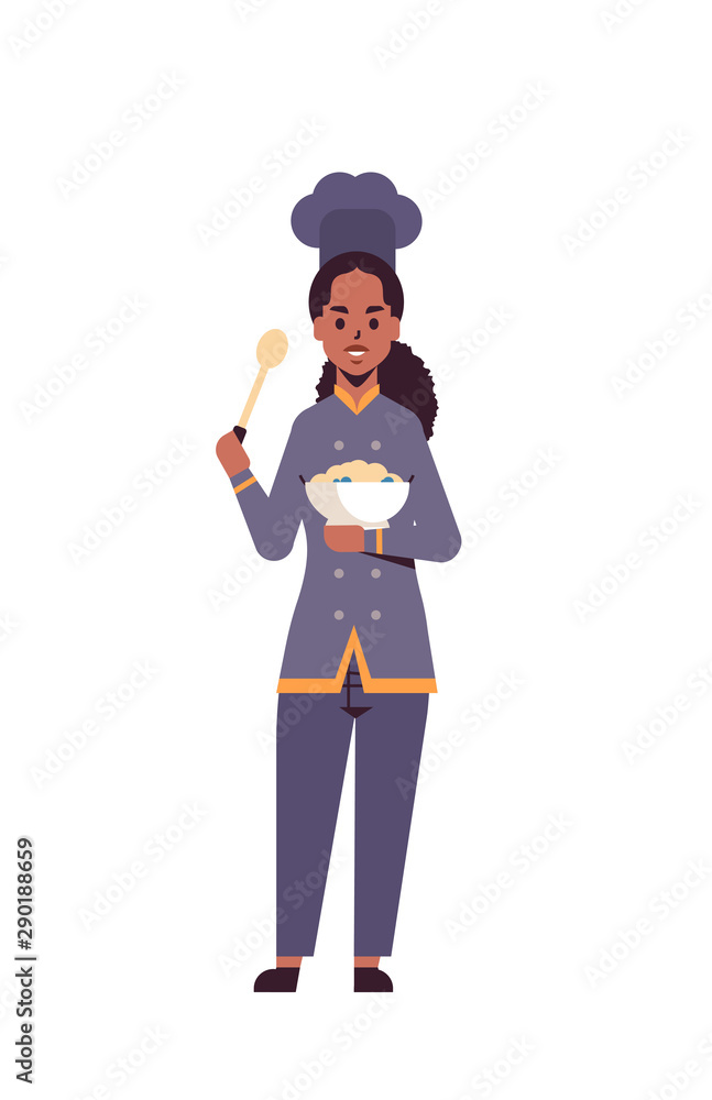 female professional chef cook holding plate with porridge and spoon african american woman restaurant worker in uniform tasting dish cooking food concept flat full length vertical