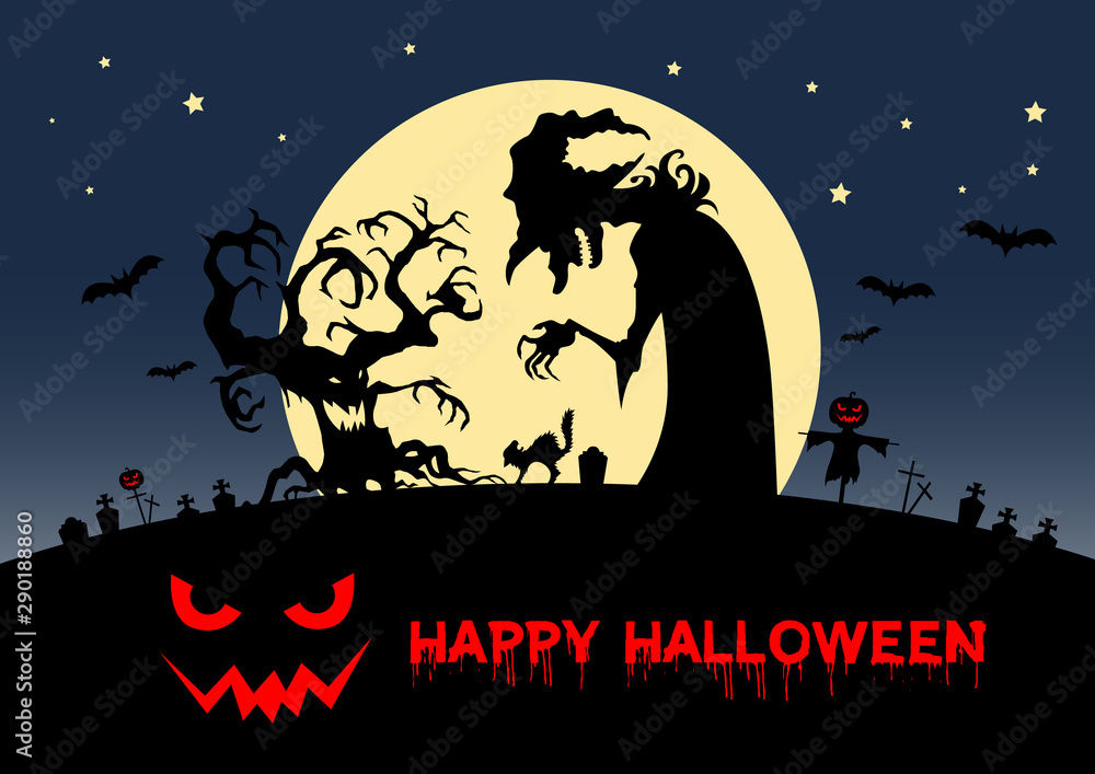 Silhouette halloween pumpkins and cemetery, big evil tree, big witch, bat, cat shocked on yellow moon and dark blue the sky in background with place for text, flat line vector and illustration.