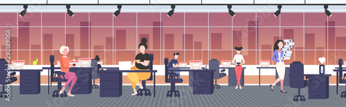 fat obese businesswoman eating fast food at workplace desk overweight business woman unhealthy nutrition obesity concept modern office interior flat full length horizontal