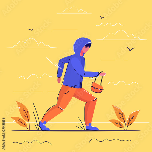 criminal character carrying female handbag robber running away theft concept full length sketch