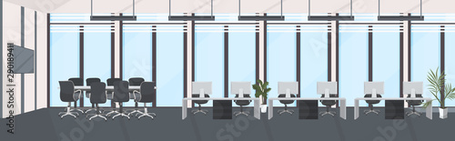 creative co-working cabinet with workplace desks and conference round table empty no people meeting room with panoramic windows modern workspace office interior flat horizontal