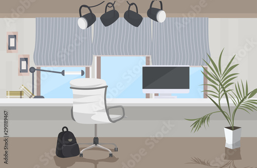 stylish workplace with computer monitor modern cabinet interior empty no people workspace room with furniture at home flat horizontal