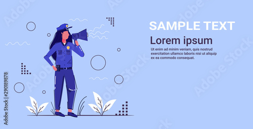 female police officer yelling through megaphone policewoman in uniform using loudspeaker security authority justice low service concept sketch full length horizontal copy space