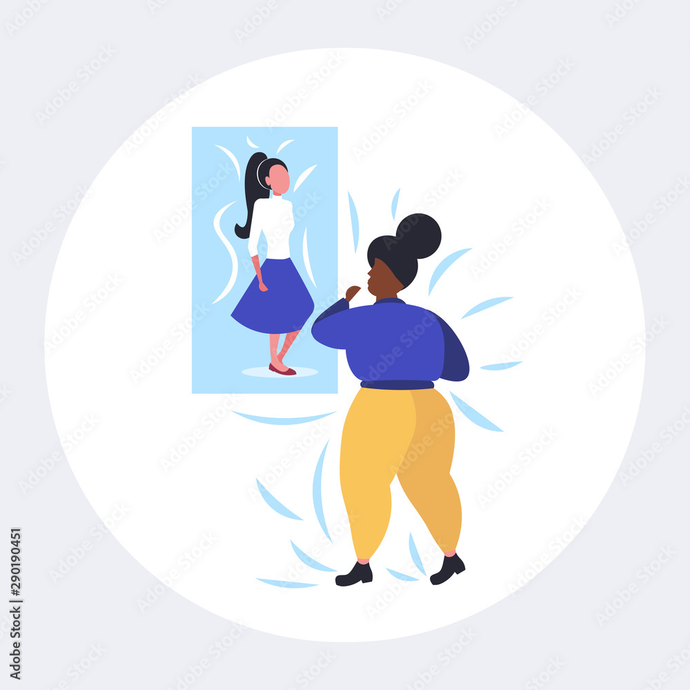 fat obese african american woman looking at thin sexy girl on picture  overweight lady weight loss motivation obesity concept flat full length  Stock Vector | Adobe Stock