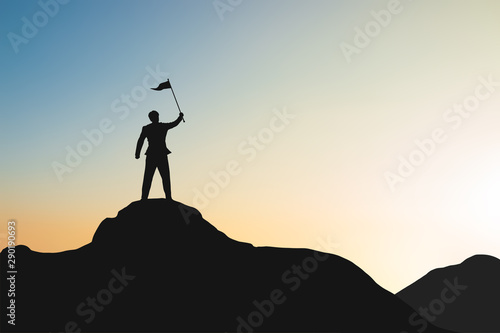 silhouette of man on mountain top over sky and sun light background,business, success, leadership, achievement and people concept