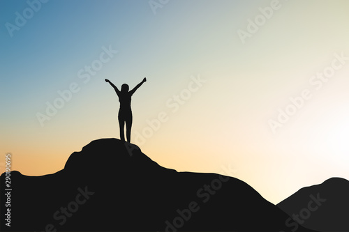 silhouette of woman on mountain top over sky and sun light background,business, success, leadership, achievement and people concept