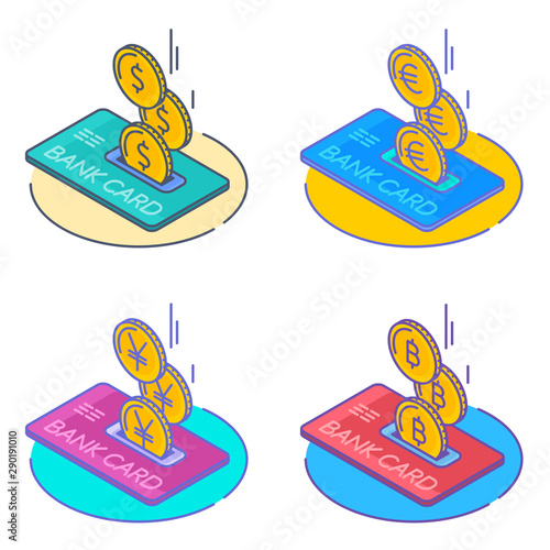 Line isometric illustration of coins droping into credit card. The depositing money into an account, cash back, mobile banking, transaction, money transfer, income, earnings, business vector concept.