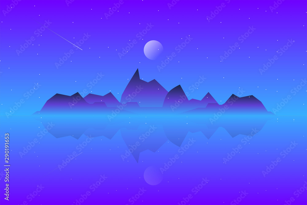 Fototapeta premium Scenery Mountain landscape with starry night illustration