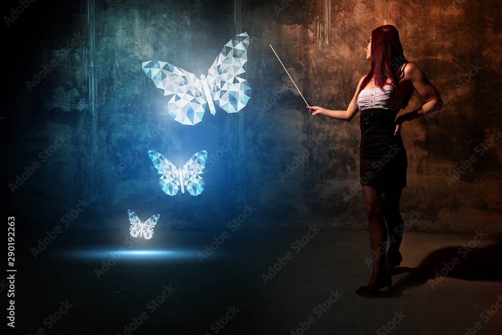 Sexy young secretary student or teacher presenting glowing white butterfly Sexy young secretary student or teacher presenting glowing white butterfly