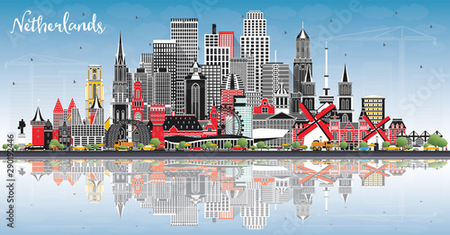 Netherlands Skyline with Gray Buildings, Blue Sky and Reflections.