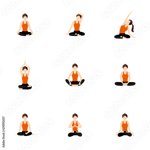 Basic and advanced seated yoga asanas set/ Illustration stylized woman practicing lotus, butterfly and other poses