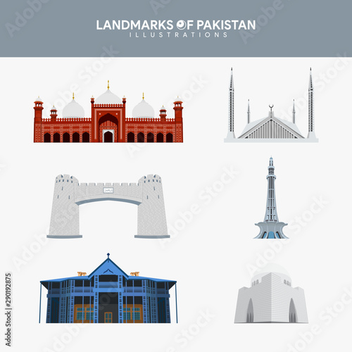 Set of Landmarks of Pakistan Illustration, Vector Silhouette Flat Design