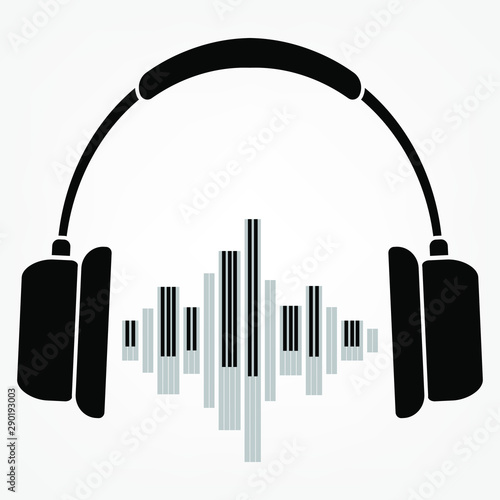 Isolate Headphone on white background  with abstract piano board sound wave.  Silhouette music icon logo.