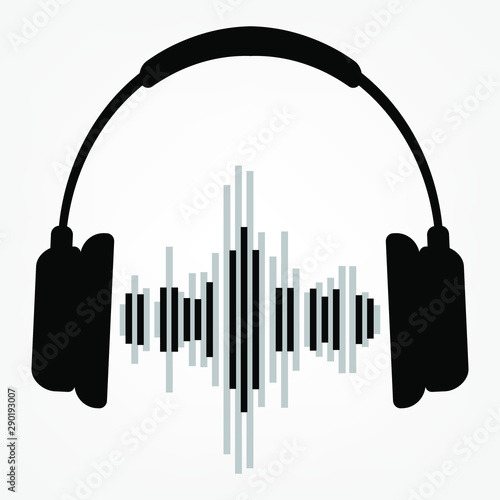 Isolate Headphone on white background  with abstract piano board sound wave.  Silhouette music icon logo.