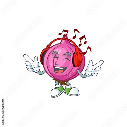 Listening music red onion cartoon character for cuisine