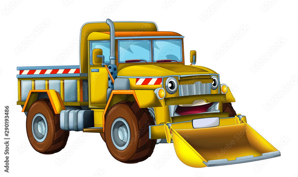 Naklejka premium cartoon scene with cargo truck looking and smiling with snow plow on white background - illustration for children