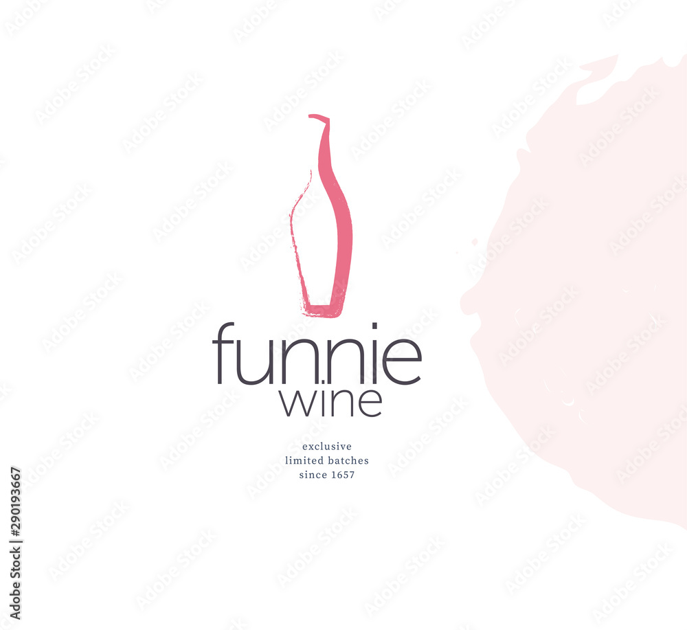 Vector wine logo with hand drawn textured bottle and wine stain elements design isolated on white background. For winery insignia, degustation hall emblem, wine shop badge, wine label, sticker etc.